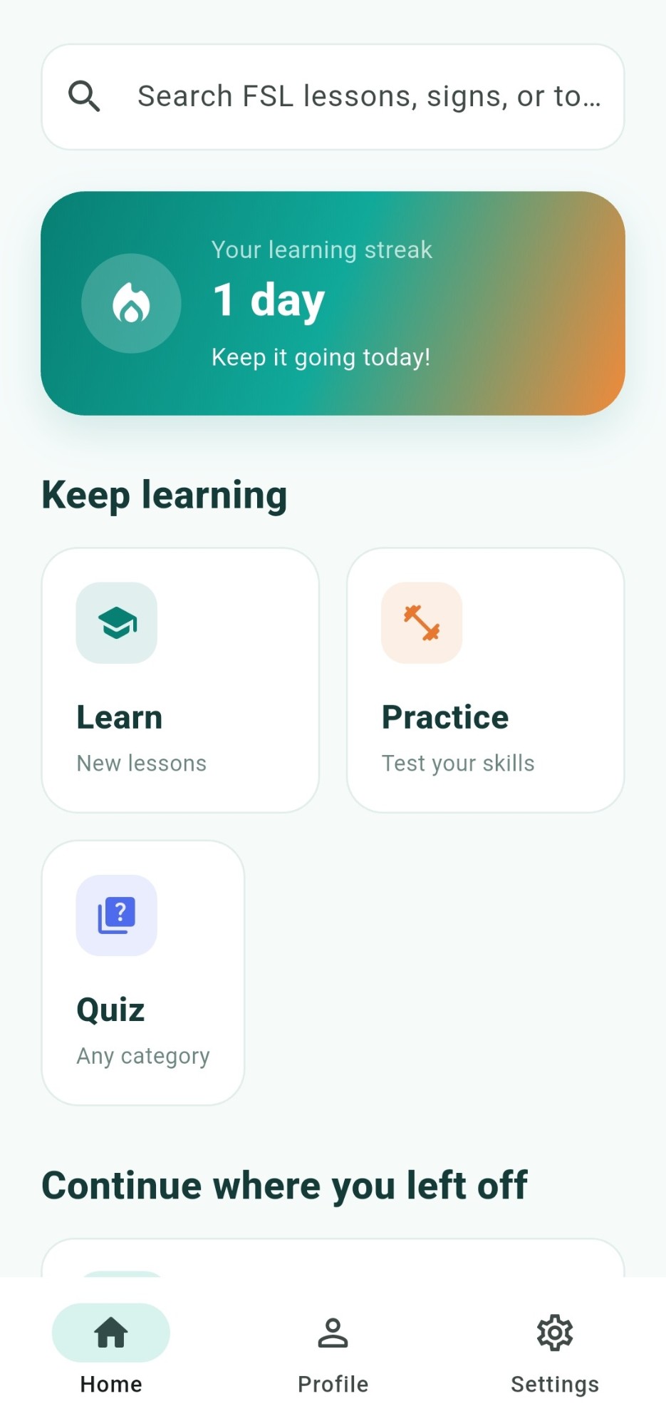 FiloSign home screen showing learning streak, Learn, Practice and Quiz options