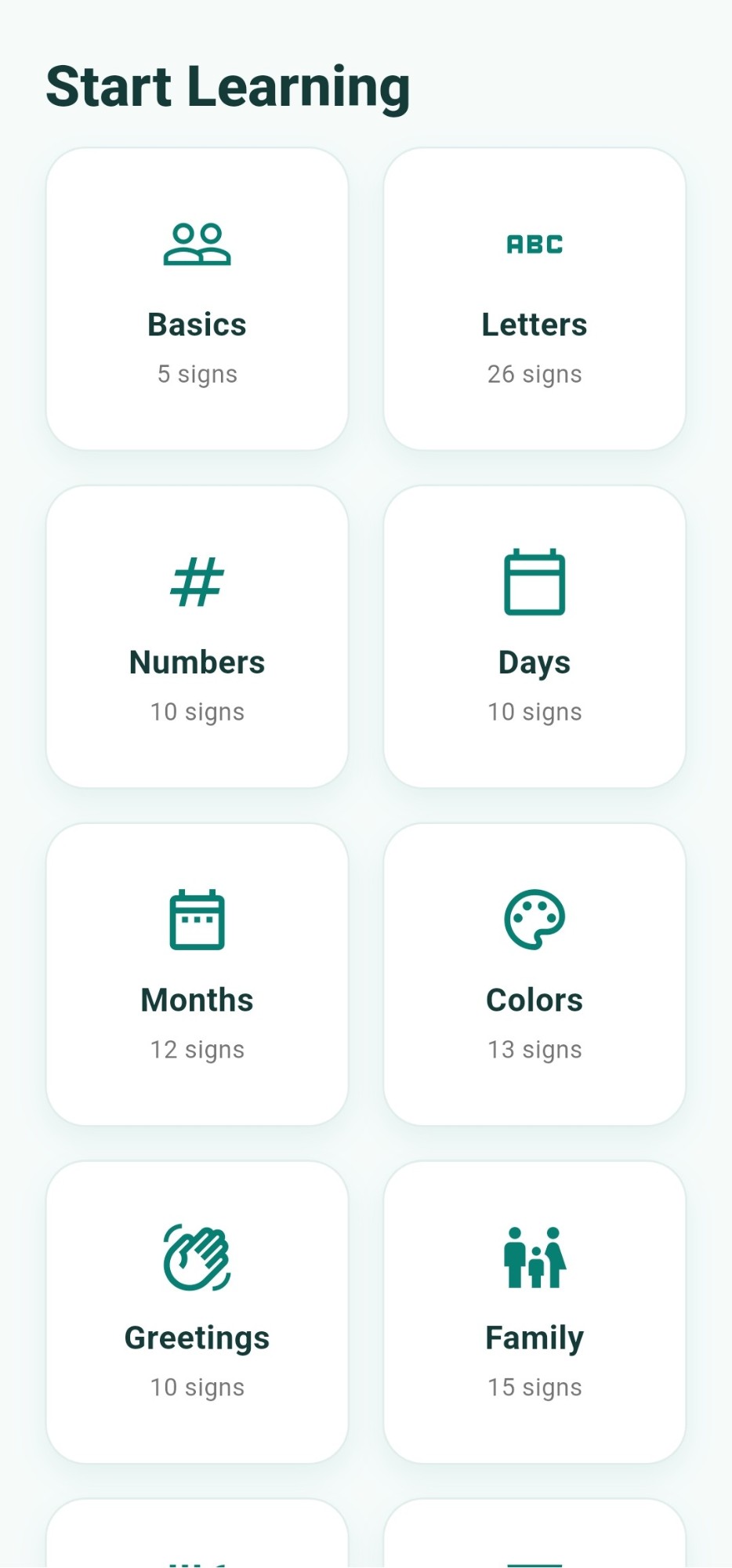FiloSign lesson categories screen showing Basics, Letters, Numbers, Days, Months, Colors, Greetings and Family